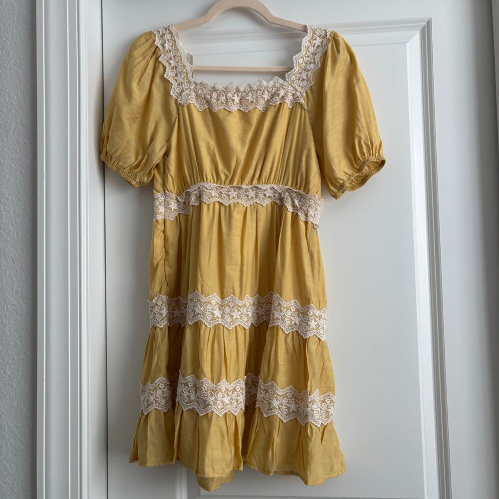 Pink Lily Savor This Feeling S Babydoll Mustard Lace Mini Dress Prairie Tiered - Picture 9 of 13